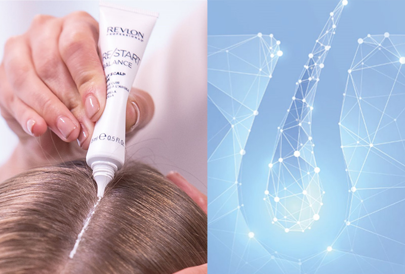 Una mano aplicando RE/START Balance un tratamiento para el cuero cabelludo de Revlon Professional® 