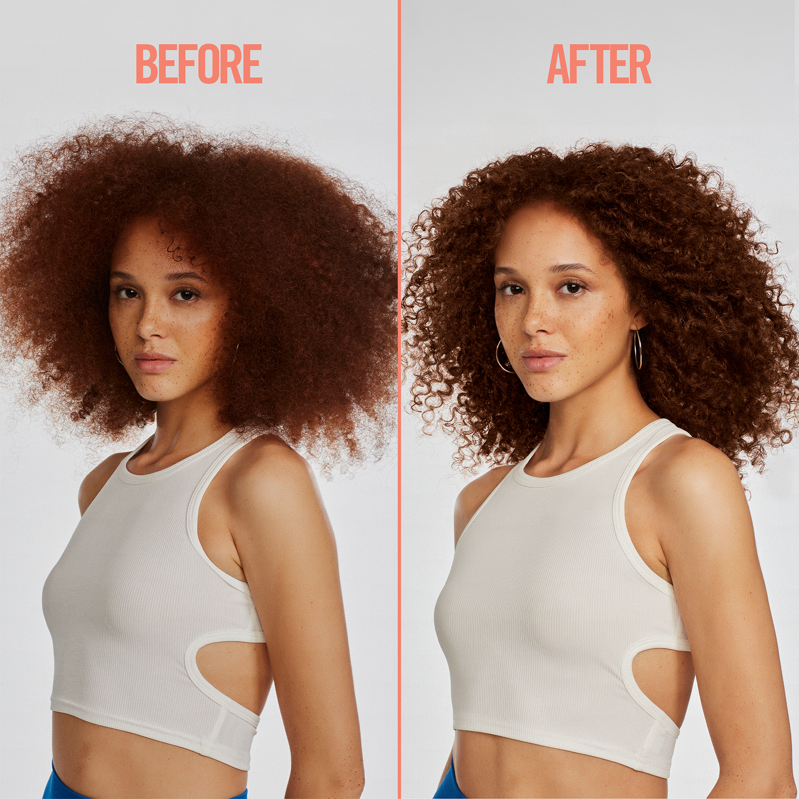 Before and after of a woman who used the UniqOne curly hair treatment